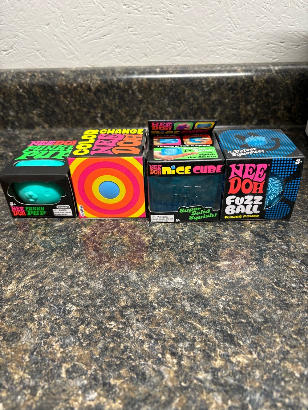 NeeDoh Blue Bundle/Set Funky Pup,Color Change,Nice Cube, Fuzz Ball. 4 NeeDoh